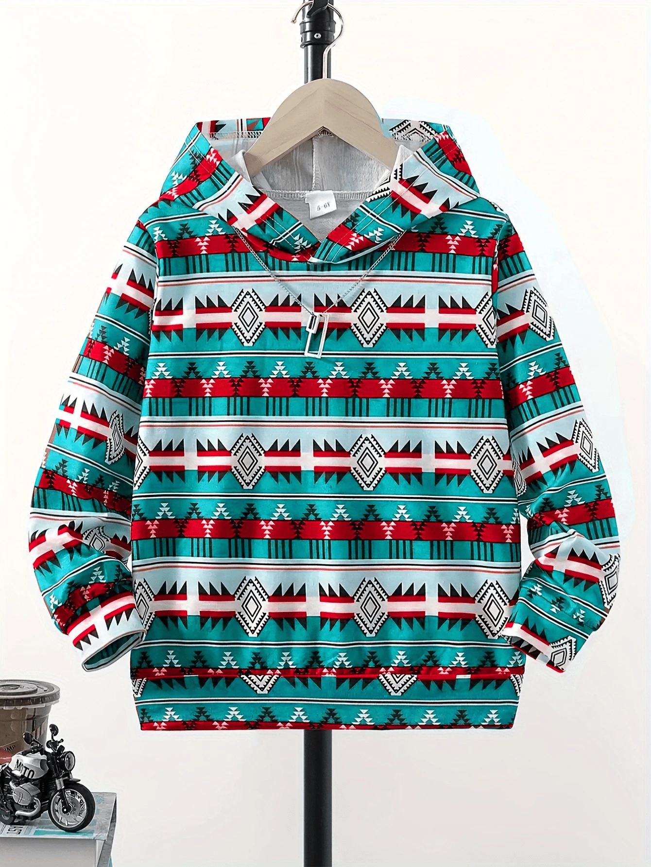 Sudadera de manga larga con estampado de rayas y geométrico de moda para niño preadolescente, otoño - Verde - Ver 1
