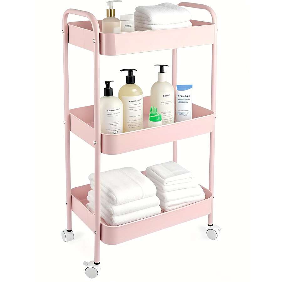 3-Tier Rolling Utility Storage Cart With Lockable Wheels, Space Saving Mobile Storage Organizer For Kitchen, Bathroom, Office, Workshop - White, Durable Structure, Easy To Assemble - 淺粉色 - 查看 1