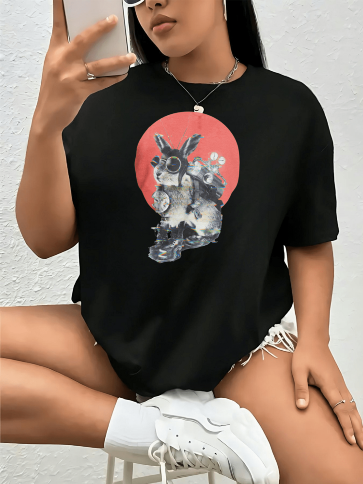 Women's Loose Fit Short Sleeve Shirt, Black And White, Rabbit Mechanical Robot Print Graphic Tee, Casual Streetwear Fashion Top, Everyday Wear, Gym Workout Outfits, Women's T-Shirts, Sportswear, Women's Blouses, Gym Clothing, Women's Tops, Sports Tops, Sports Sets, Exercise, Women's Sports Top, Women's Sportswear, Women's Sports T-Shirt, Gym, Pilates Top - 黑色 - 查看 1