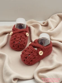 1 Pair Handmade Crochet Infant Shoes, Light Purple Color With Button Decor, Infant Size - Burgundy - View 9
