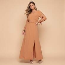 FASHION MIX PREMIUM Elegant Long Dress With Slit Long Sleeves With Tie With V-Neckline And Waist Adjustment Plus Size Women's Fits 38 To 44 - Lạc đà - Xem 1