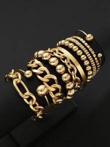 5件套简约时尚金属串珠手链及手镯套装，极简风格，适合女性、情侣、男女通用，休闲、派对、婚礼等场合佩戴，也是送给妈妈、朋友的礼物。 - 金黃色 - 查看 4