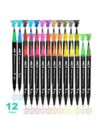 1/12/24/36/48pcs Double Ended Art Marker Pens Set, Suitable For Artist Fine & Brush Coloring Markers, Random Colors, Students Back To School And Adult Books Decorative Painting Art Crafts Kit Gifts