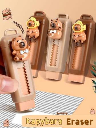 1/4pcs Kapybara Eraser, Capybara Theme Push-Pull Design, High Quality Synthetic Rubber, Plain Lines, Durable Plastic, Feather-Free, Office Supplies, Color Random Shipment