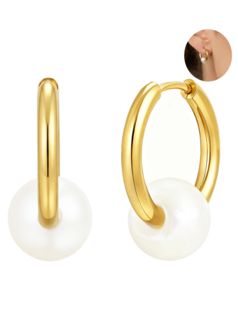 Pendientes con colgante de perla para mujeres, pendientes de aro de oro de 14K, acero inoxidable médico hipoalergénico, adecuado para perforaciones de trago y pabellón, joyería para regalos de mujeres