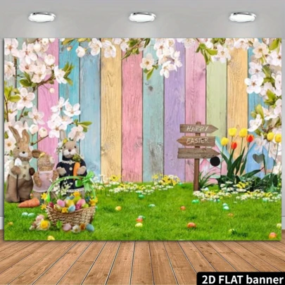 1 pieza Pancarta plana 2D, Tela de fondo de Pascua, Tela de fondo de Pascua primaveral, Tela de fondo de madera colorida, Tela de fondo de decoración de fiesta de Pascua, No se requiere electricidad