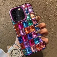 Unisex Colorful Square Jewels Grid Pattern  16 Pro Max/17 Pro Max/16 Plus/ 15 Pro Max/15 Plus/14 Pro Max/14 Plus/13 Pro Max/13 Plus/11 Pro Max/XS Max/12 Pro Max Case | Cute, Stylish & High-Quality | The Best Gift To Give A Friend - 紫色 - 查看 1