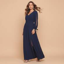 FASHION MIX PREMIUM Elegant Long Dress With Slit Long Sleeves With Tie With V-Neckline And Waist Adjustment Plus Size Women's Fits 38 To 44 - 藏蓝色 - 查看 1