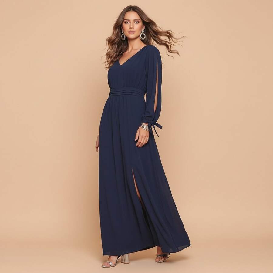 FASHION MIX PREMIUM Elegant Long Dress With Slit Long Sleeves With Tie With V-Neckline And Waist Adjustment Plus Size Women's Fits 38 To 44 - 藏蓝色 - 查看 1