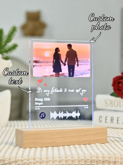 1pc Custom Couple Collage Photo Led Night Light, Personalized Acrylic Night Light With Photo & Text, Custom Photo Lamp, Personalized Photo Collage LED Light, Couple Picture Frame, Personalized Photo Collage Gift For Mother's Day, For Birthdays, For Children's Day, For Father's Day, For Graduation, For Weddings, For Housewarming Living Room, Bedroom, Office, Tea Room, Home, Bathroom, Dining Room, Valentine Day, Valentine Day Decor