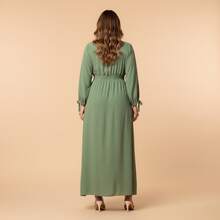 FASHION MIX PREMIUM Elegant Long Dress With Slit Long Sleeves With Tie With V-Neckline And Waist Adjustment Plus Size Women's Fits 38 To 44 - 薄荷綠 - 查看 2