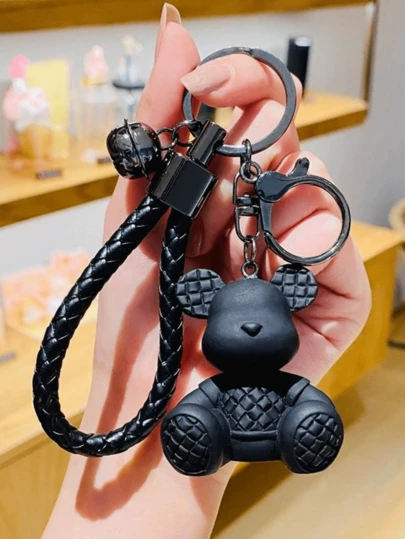 1pc Plaid Sitting Bear Keychain, Black Bag Charm