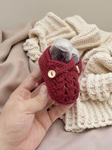 1 Pair Handmade Crochet Infant Shoes, Light Purple Color With Button Decor, Infant Size - Burgundy - View 2