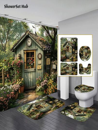 1/3/4件套田园风花园小屋浴帘浴室套装，植物图案，防水耐磨配件，带12个挂钩 - 包括马桶座套、浴垫和地毯 - 塑料面料 - 可水洗，防霉 - 非常适合节日装饰、家居/卧室/房屋/西式/春季装饰