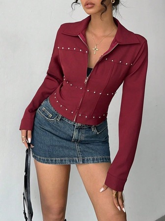 Women's Fashion Commuter Burgundy Round Rivet Decor Long Sleeve Lapel Jacket, Suitable For Daily Commute