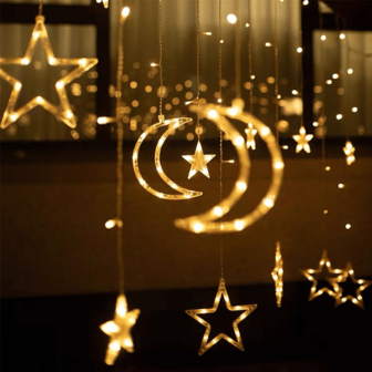 1 Pc 3.5M Star&Moon LED Curtain String Lights, Multi-Holiday LED Decorations: Icicle String Lights With Stars/Moon Curtain For Christmas, Ramadan, Navidad &New Year