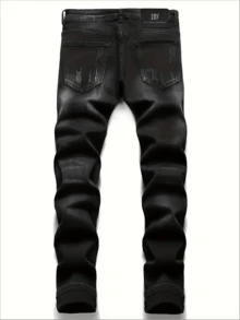 Y2K Ripped Jeans Men'S Slim-Fit Stretch Denim Jeans With Embroidered Distressed Details - Mid-Rise, Streetwear Style, All-Season Comfort, Casual Streetwear Jeans|Distressed Embroidery|Slim Fit Jeans Pantalones Para Hombre - 黑色 - 查看 2