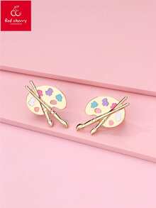 1 Pair Plated Gold Zinc Alloy Colorful Palette & Paintbrush Stud Earrings, Suitable For Girls Back To School Season Wear And Gift To Friends - one-size - View 5