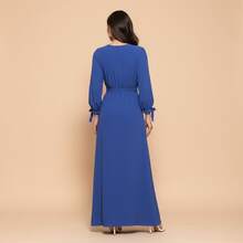 FASHION MIX PREMIUM Elegant Long Dress With Slit Long Sleeves With Tie With V-Neckline And Waist Adjustment Plus Size Women's Fits 38 To 44 - 寶藍色 - 查看 2