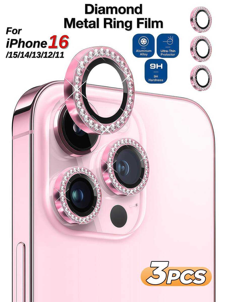 XINHONGYU （粉钻）钻石相机镜头保护膜，9H硬度钢化玻璃，防刮花，高清透明，防震，兼容 17 Pro Max/17 Pro/17 Air/16 Pro Max/16/16 Pro/16 Plus/15 Pro Max/15/14/13/12/11 Pro，适用于日常、办公、居家环境。这款手机摄像头保护膜闪耀晶莹，防水防震防摔，防刮花。 - 粉色 - 查看 1