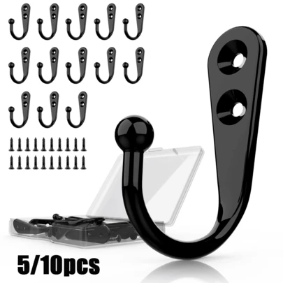 5/10pcs Wardrobe Hooks Set, With Screws, High Strength Wall Mounted Hooks, Black Wall Hooks, Wood Screws, Suitable For Doors, Bathrooms, Kitchens, Corridors, DIY Metal Hanging Hooks, Coat Hooks, Wall Screw Hooks
