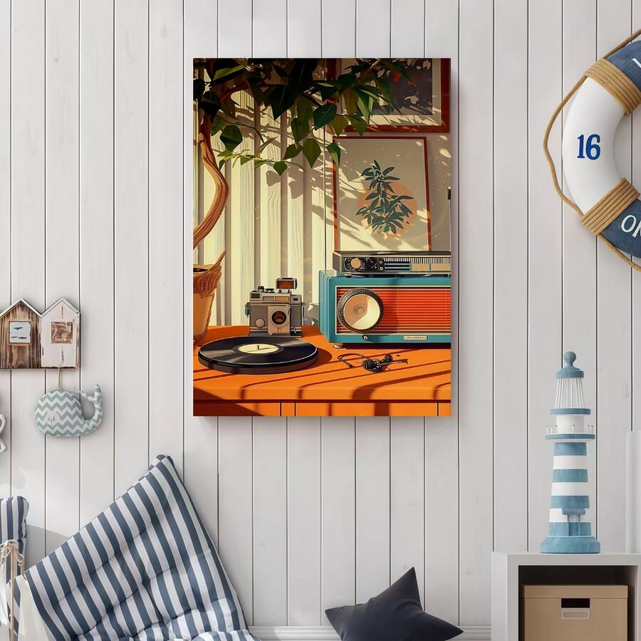 Framed Canvas Poster Print Wall Art A  Vintage Black Vinyl Record Radio Camera  On Canvas Wall Art That Can Be Hung Directly, Suitable For Decorating Living Rooms, Dining Rooms, Hallways, Offices, And Bedrooms, Making It A Perfect Gift For Friends. - Framed - 查看 1