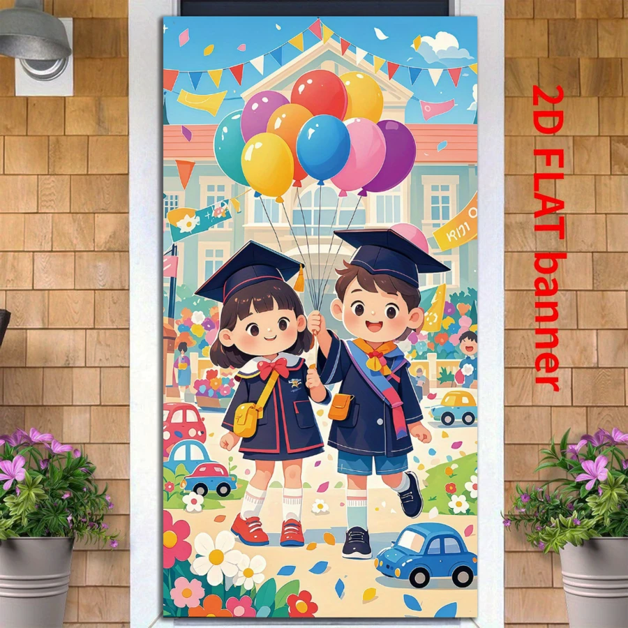 Một biểu ngữ phẳng 2D làm bằng polyester cho tiệc tốt nghiệp, thích hợp để trang trí ở trường mẫu giáo và trường tiểu học, trang trí tiệc sinh nhật ở trường học, sử dụng trong nhà và ngoài trời, hàng rào vườn, không cần điện