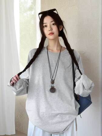 2025 Spring/Autumn New Solid Color T-Shirt For Women, Casual Loose Fit Layering Long Sleeve Tee, Korean Style Top