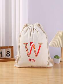 1 Piece. Customizable Gingerbread Santa Canvas Bag With Initials - Large Capacity, Lightweight Christmas Gift Bag With Drawstring And Rope Handle - Perfect For Parties And Holiday Decorations, Christmas Ornaments, Travel Essentials, Christmas Gifts, Christmas, Valentine's Day. - Beige - View 8