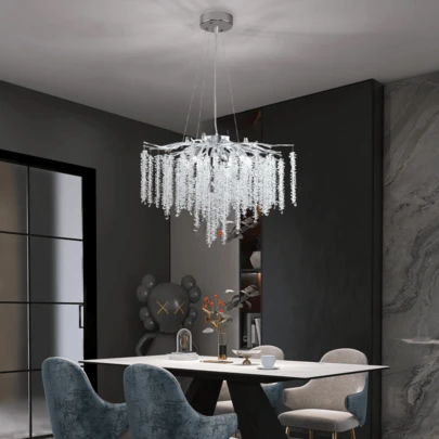 Branch pendant light silver D23.6 modern round raindrop crystal pendant light ceiling pendant light, suitable for dining rooms, kitchen islands, bedrooms, living rooms