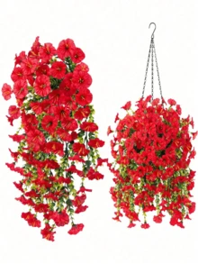 10/6/4/2/1 piezas Floral colgante artificial para exteriores, Campanilla de la mañana roja brillante, adecuada para bodas, hogar, oficina y decoración de jardín, flores artificiales con hojas de eucalipto, plantas colgantes realistas resistentes a los rayos UV, ideales para decoración de otoño, decoración de Acción de Gracias, arco de boda, pared, jardín, dormitorio, fiesta al aire decoración de oficina - rojo brillante - Ver 1