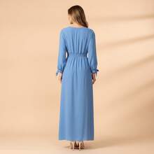 FASHION MIX PREMIUM Elegant Long Dress With Slit Long Sleeves With Tie With V-Neckline And Waist Adjustment Plus Size Women's Fits 38 To 44 - 淺藍色 - 查看 2
