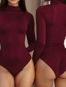 VIVINA Women's Solid Color Slim Fit Turtleneck Long Sleeve Warm Bodysuits, Casual & Versatile For Autumn/Winter, Suitable For Thanksgiving, Airport Outfit, Fall Season - Burgundy - View 6