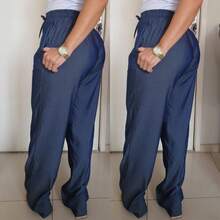 Women's Straight Leg Pants With Front Tie – Chambray Fabric, Simple Pocket - Màu xanh lam - Xem 3