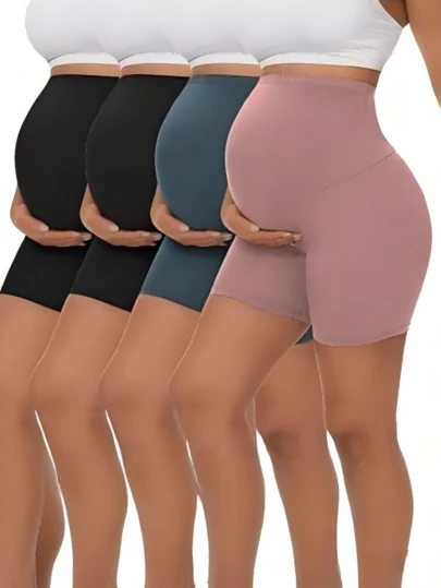 4-Piece Maternity Yoga Shorts Set High-Waisted Tummy-Control Shorts Soft Stretch Maternity Shorts Perfect For Everyday Wear And Fitness Training