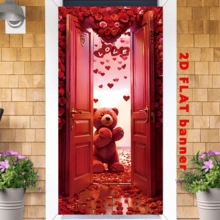 2D Flat Banner 1pc, Red Valentine Bear Room Door Rose Banner, Polyester Door Cover, Room Decoration, Party Hanging Banner, Holiday Decoration, Party Supplies, Interior Decoration. - 1 - View 5