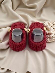 1 Pair Handmade Crochet Infant Shoes, Light Purple Color With Button Decor, Infant Size - Burgundy - View 7