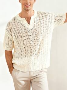 Men's Transparent Knit Henley Neck Short Sleeve Loose Sweater - White - View 4