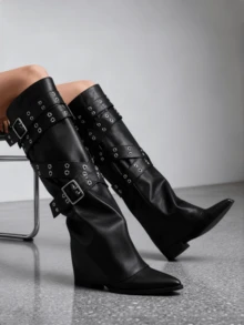 Punk Fashion Womens Knee High Boots Pointed Toe Wide Calf Fold Over Straps Detail Block High Heel Slouchy Long Boots Party Nightclub Dressy Occasions Fall Winter Outdoors Shoes - Pu đen - Xem 5