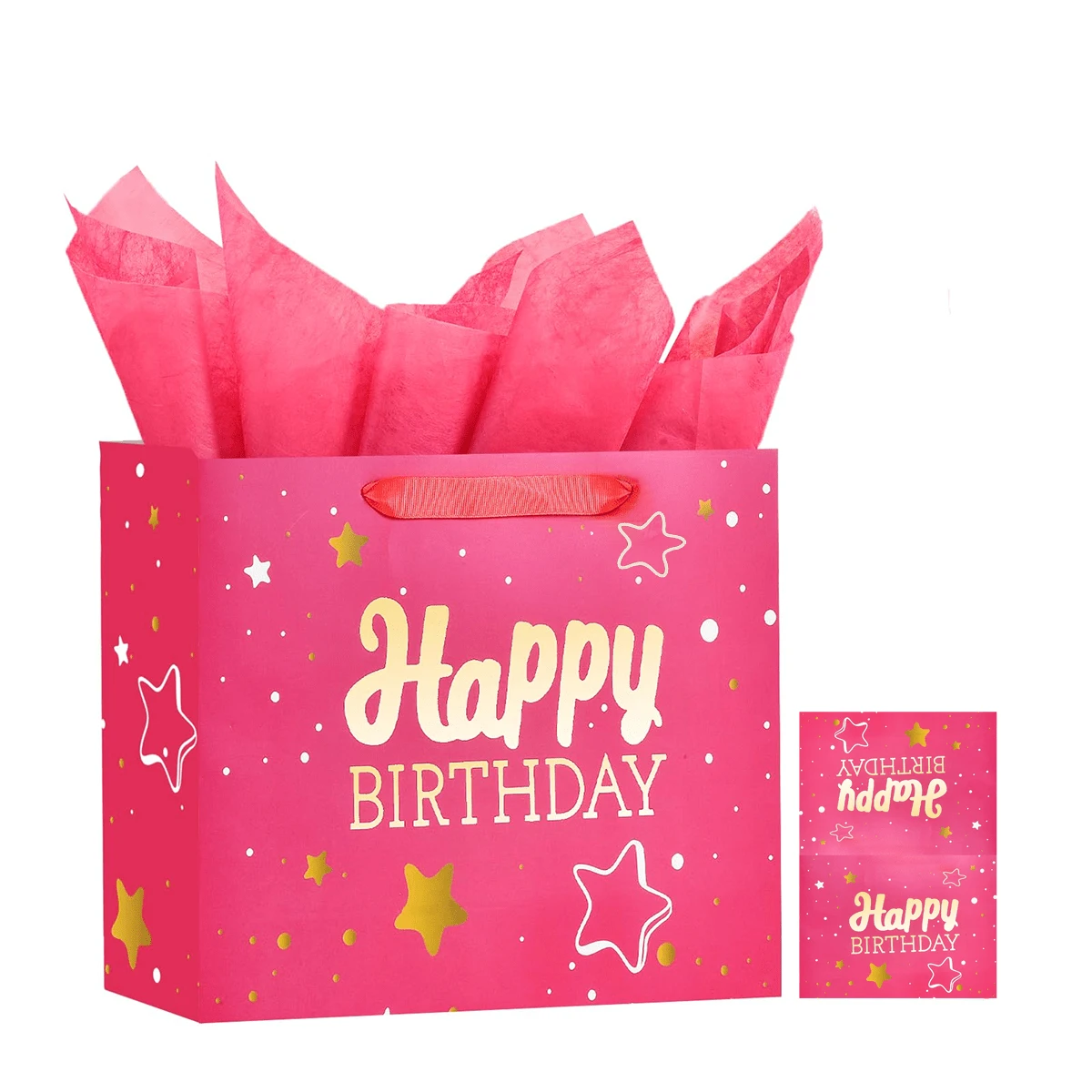 1/2/5 Sets, Birthday Gift Bags, 12.6-Inch (Approx. 32 Cm) Fuchsia Happy Birthday Gift Bags, With Tissues And Party Cards, Happy Birthday Gift Bags For Men And Women, (1 Piece Fuchsia Heat-Printed) - Multicolor - View 1
