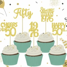 10/20 piezas Adornos para cupcakes de cumpleaños 50 con brillo negro | "50 años, celebrando el nacimiento en 1976 50º" Decoraciones para fiesta de hitos | Adornos para pasteles de postre de aniversario 50 unisex - Multicolor - Ver 3