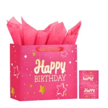 1/2/5 Sets, Birthday Gift Bags, 12.6-Inch (Approx. 32 Cm) Fuchsia Happy Birthday Gift Bags, With Tissues And Party Cards, Happy Birthday Gift Bags For Men And Women, (1 Piece Fuchsia Heat-Printed) - Multicolor - View 9