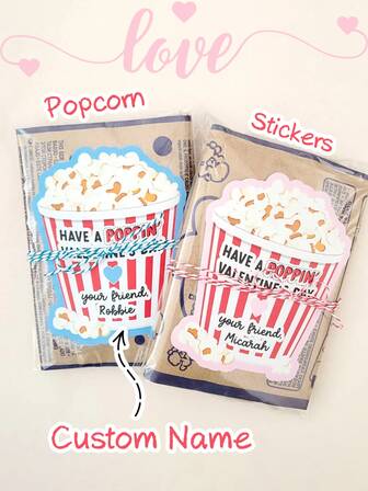 Custom Kids Valentine's Day Popcorn Stickers, Custom Valentines Day Labels, Gift Tags, To/From Sticker, Holiday Gift Label/ Favor Stickers, Valentine's Day Gifts For Children, Boys, Girls, Toddlers Valentine Gifts Labels From Teacher, Aesthetic Love Decals For Waterbottle Laptop Guitar Scrapbook Phone Waterproof PVC Sticker Friend Party Gift
