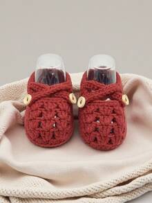 1 Pair Handmade Crochet Infant Shoes, Light Purple Color With Button Decor, Infant Size - Burgundy - View 4