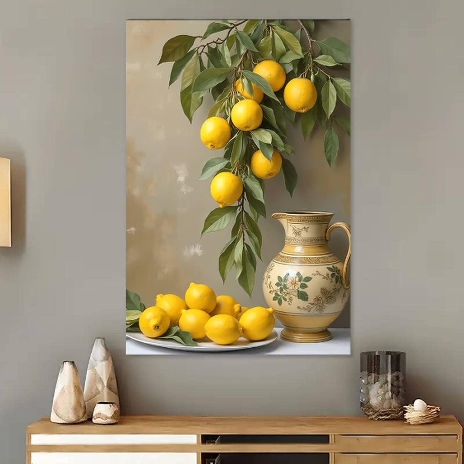 Framed 1pc Framed Lemon Still Life Wall Art - Vibrant Yellow Lemons & Green Leaves In Ornate Vase, Modern Classic Home Decor For Living Room, Bedroom, Office, Dining Room - Perfect Birthday, Holiday, Housewarming Gift, Indoor Decoration | Quality Print Colors - Đóng khung - Xem 1
