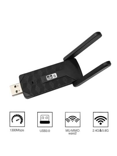 Adaptador Wi-Fi 6 USB 3.0 Dual Band 2.4G/5.8G 1300Mbps com Antenas