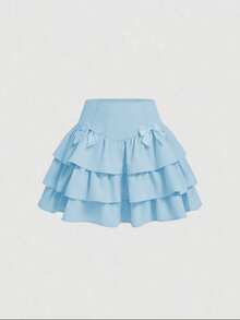 Summer Skirt With Multiple Layers, Cake-Shaped Hem, Bow And Butterflies, White, Cake-Style, Multi-Layer, Puffy Hem, Boho, Cute, Casual, Knot, Layered, Ruffled Hem, Dating, Casual, Cute, Zipper, Layered - 藍色 - 查看 1
