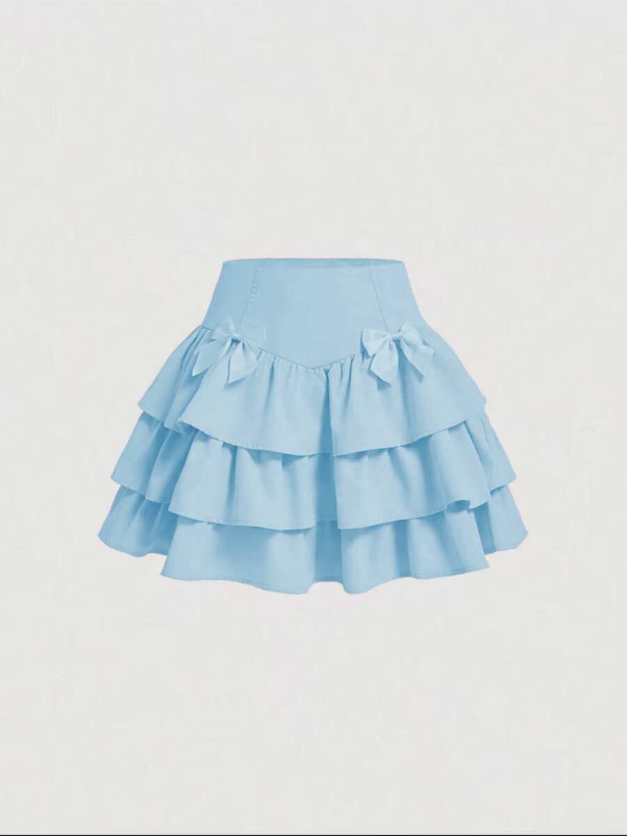 Summer Skirt With Multiple Layers, Cake-Shaped Hem, Bow And Butterflies, White, Cake-Style, Multi-Layer, Puffy Hem, Boho, Cute, Casual, Knot, Layered, Ruffled Hem, Dating, Casual, Cute, Zipper, Layered - 藍色 - 查看 1