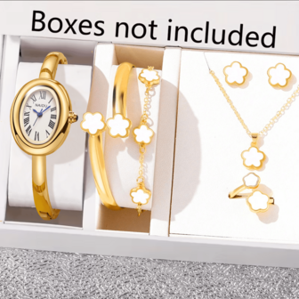 6pcs/Set Women Watch Sets Small Vintage Luxury Women's Bracelet Watch. Free Minimalist Petal Necklace, Bracelet, Ring, Earrings