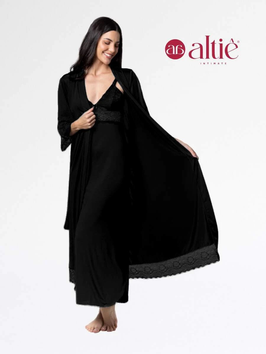 Kit Amamentação Noiva Camisola Roupão Longa Maternidade - Preto - Visão 1